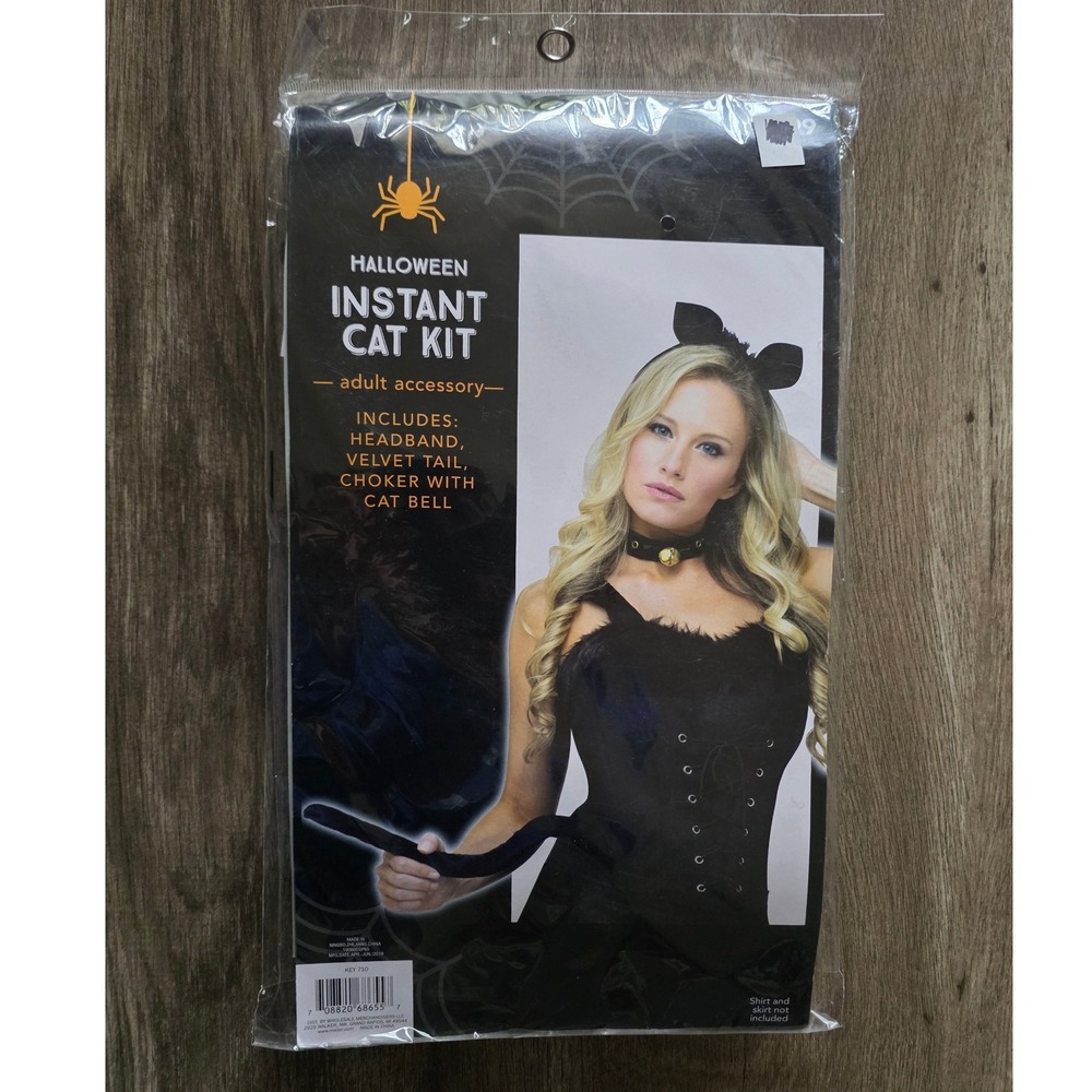 Halloween Instant Cat Kit Adult Accessory Set Black Velvet Ears Tail Choker Bell